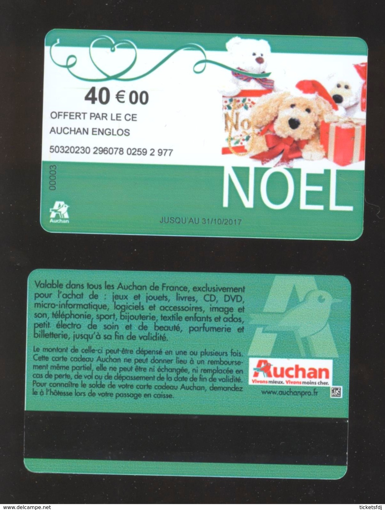 GIFT CARD - Carte Cadeau Auchan - NOEL Vert Clair - Date Limite Au Centre - 40 &euro; - CE AUCHAN ENGLOS - Cartes Cadeaux