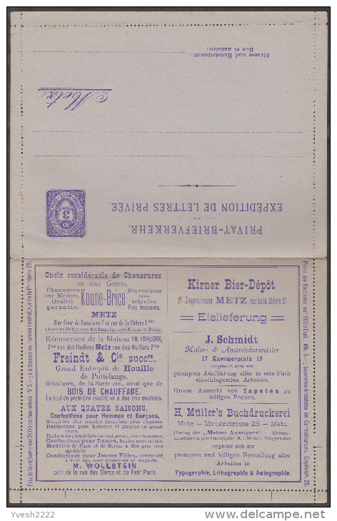 France / Allemagne 1887. CL De La Privat-Briefverkehr Metz. Bière, Chaussures, Chèvres, Bois, Imprimerie, Charbon - Beers