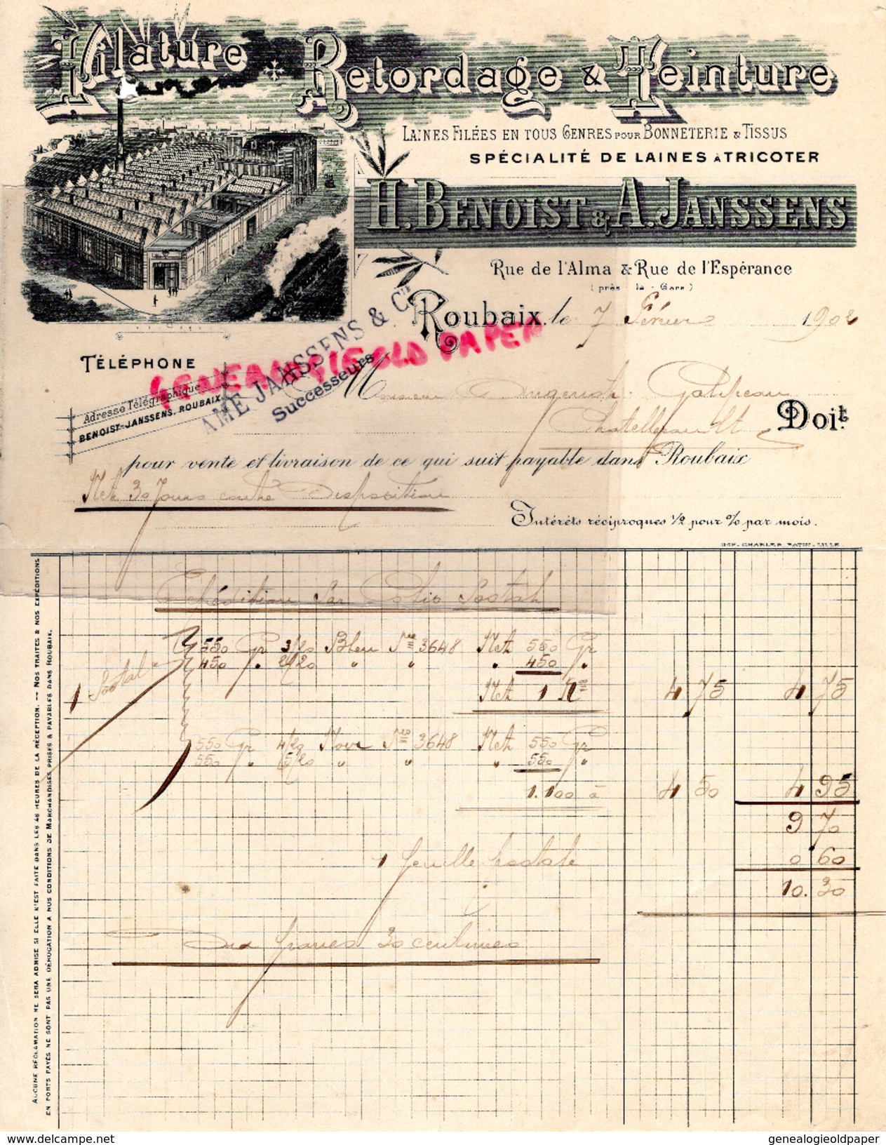 59 - ROUBAIX -BELLE FACTURE H. BENOIST & A. JANSSENS- FILATURE RETORDAGE ET TEINTURE- LAINES- RUE ALMA ESPERANCE-1902 - 1900 – 1949