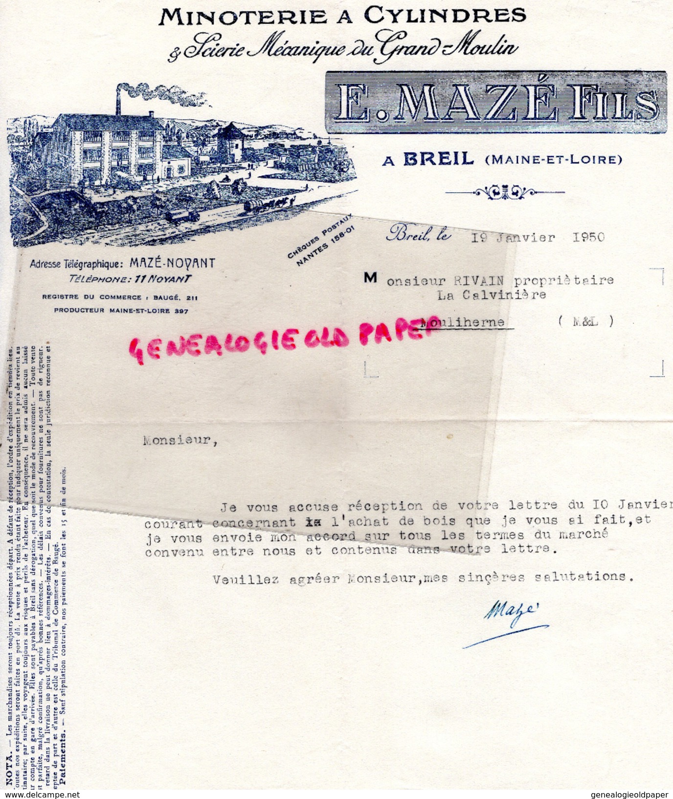 49 - BREIL- BELLE FACTURE E. MAZE FILS- MINOTERIE A CYLINDRES-SCIERIE MECANIQUE DU GRAND MOULIN-1950 - 1950 - ...
