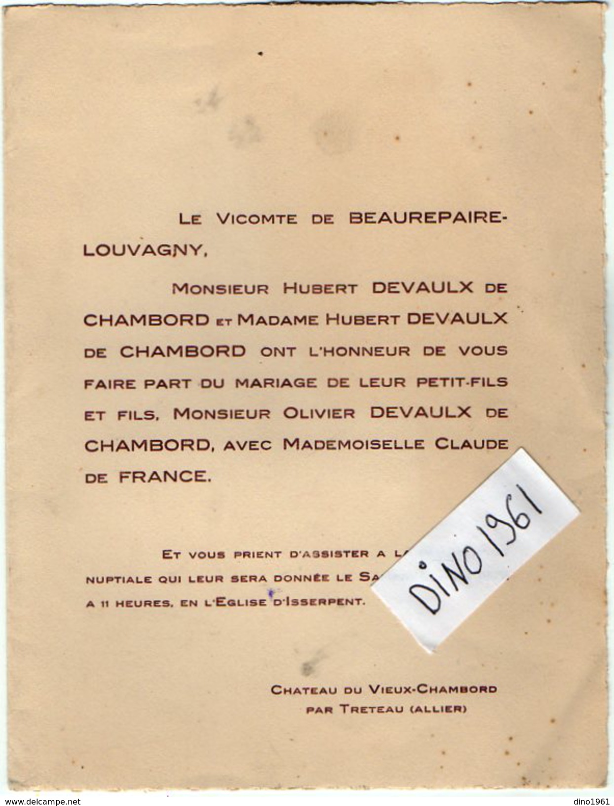VP6497 - Faire Part De Mariage De Mr O.DEVAULX De CHAMBORD & Melle C. De FRANCE - Chateau Du Vieux Chambord Par TRETEAU - Boda