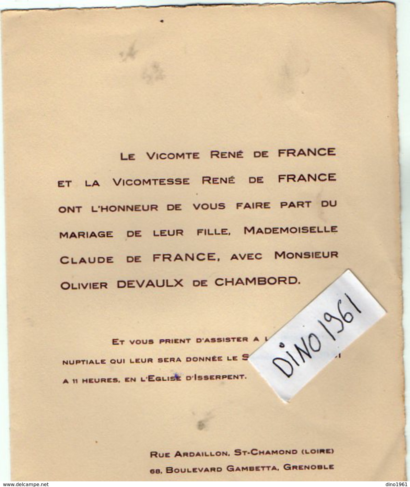 VP6498 - Faire Part De Mariage Melle C. De FRANCE & Mr O.DEVAULX De CHAMBORD - SAINT CHAMOND & GRENOBLE - Mariage