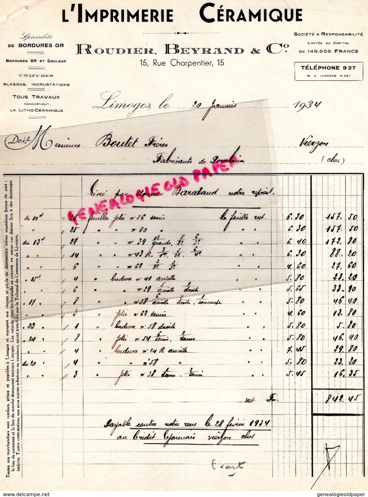 87 - LIMOGES - FACTURE L' IMPRIMERIE CERAMIQUE- ROUDIER BEYRAND- PORCELAINE- PORCELAINES-15 RUE CHARPENTIER-1934 - Druck & Papierwaren