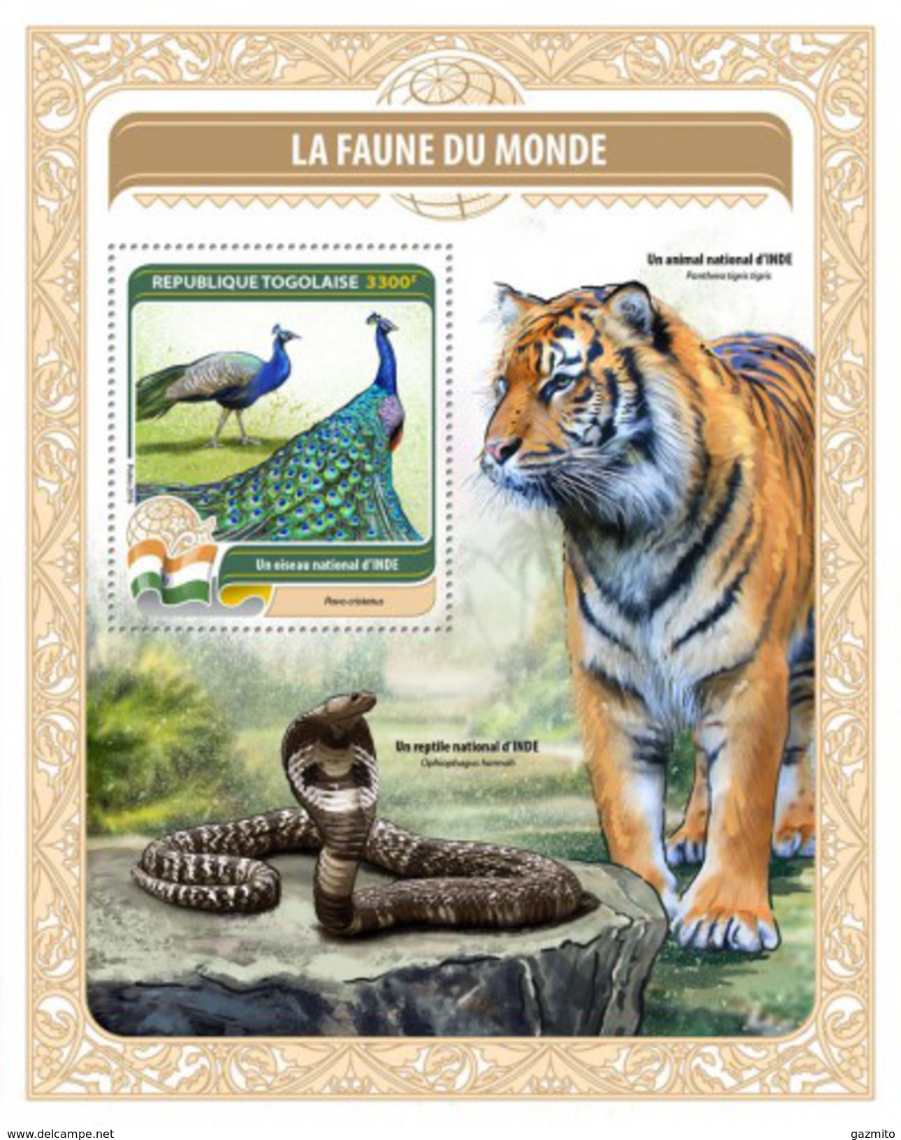 Togo 2016, Animals, Pavon, Tiger, Cobra, BF - Paons