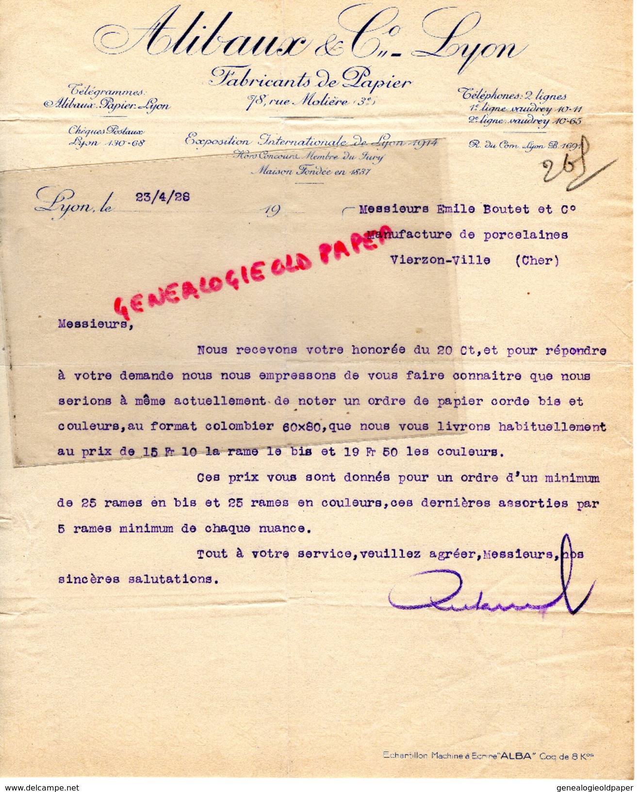 69 - LYON - FACTURE ALIBAUX & CIE - FABRICANTS PAPIER -PAPETERIE- 78 RUE MOLIERE- 1928 - Imprenta & Papelería