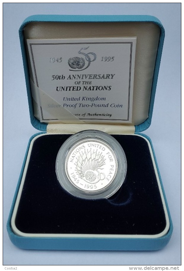 1995 Royal Mint 50th Anniversary ONU £2 Two Pound Silver Proof Coin Original Box - 2 Pounds