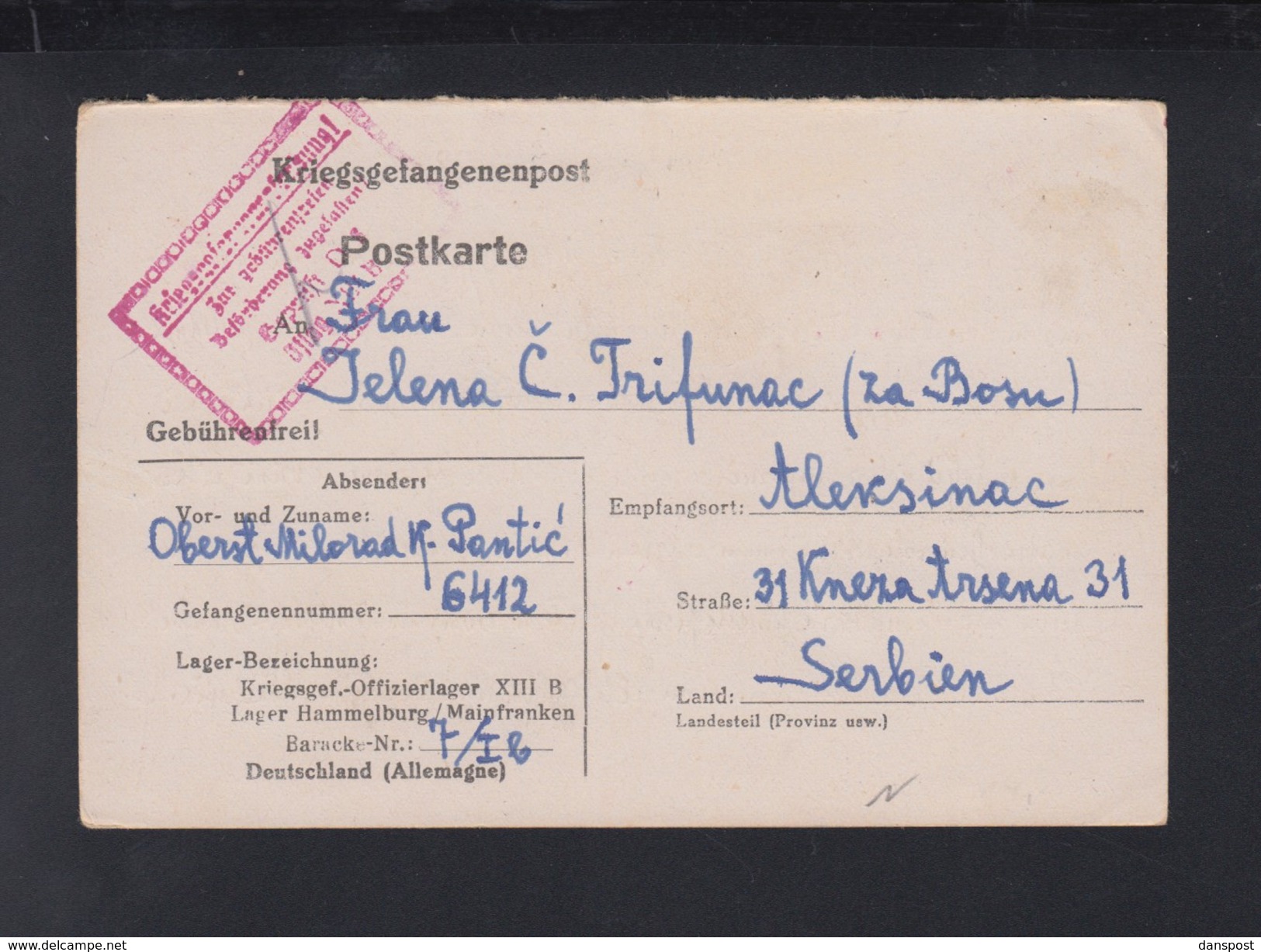 Kriegsgefangenenpost 1944 Oflag XIII B Hammelburg Nach Serbien - Storia Postale