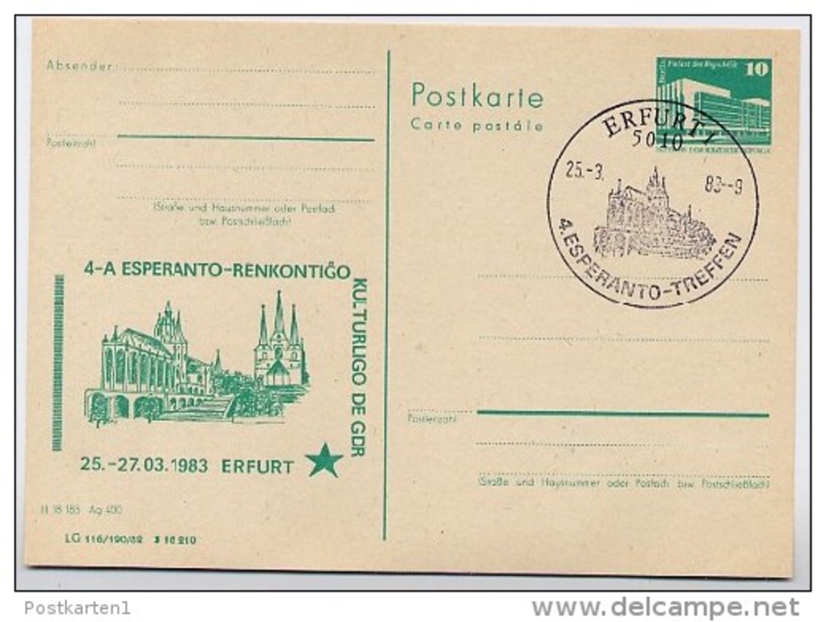 DOM ERFURT DDR P84-5-83 C17 Postkarte Zudruck ESPERANTO Sost. 1983 - Kirchen U. Kathedralen