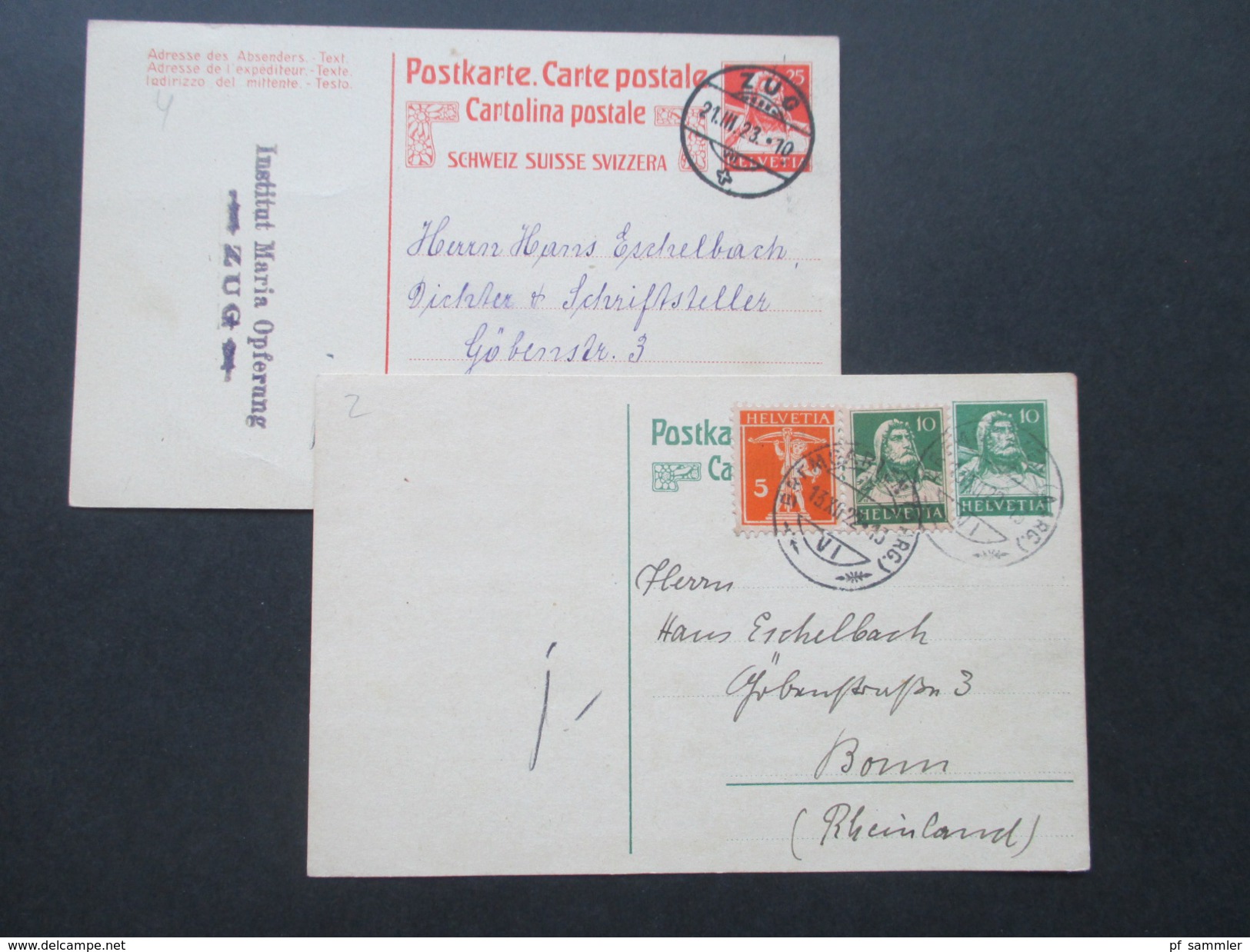 Schweiz 1922 / 23 Ganzsachen An Den Deutschen Schriftsteller Hans Eschelbach (Bonn) Social Philately!! - Writers