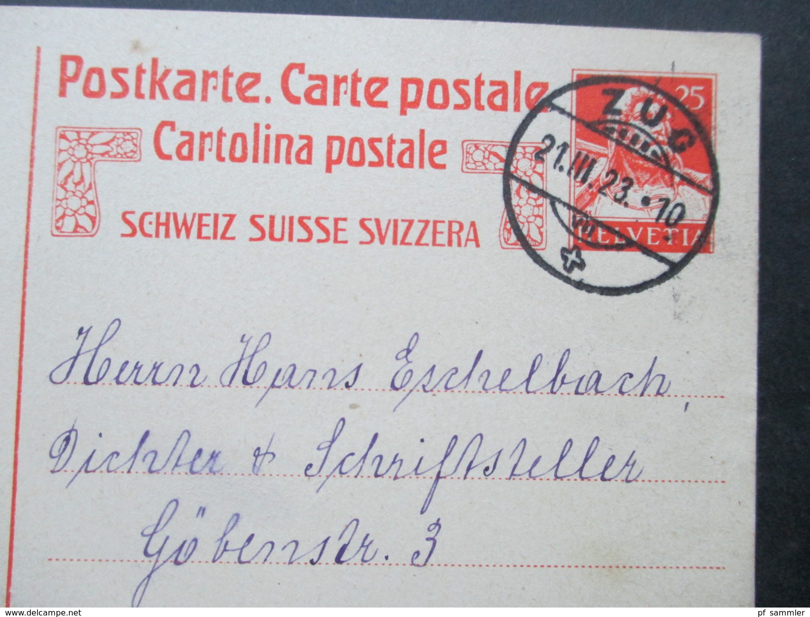 Schweiz 1922 / 23 Ganzsachen An Den Deutschen Schriftsteller Hans Eschelbach (Bonn) Social Philately!! - Ecrivains