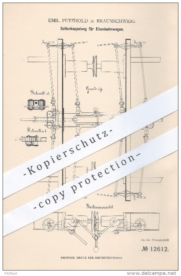 Original Patent - E. Petzold , Braunschweig , 1878 , Seitenkupplung Für Eisenbahnen | Eisenbahn , Kupplung , Lokomotive - Historische Dokumente