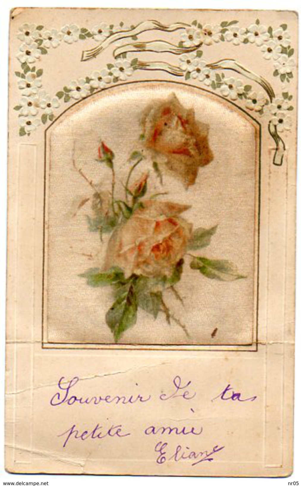 CARTE FANTAISIE Avec Roses Peintes Sur  Tissus Et Ajoutis Sur Le Haut, Cadre Embouti - Other & Unclassified