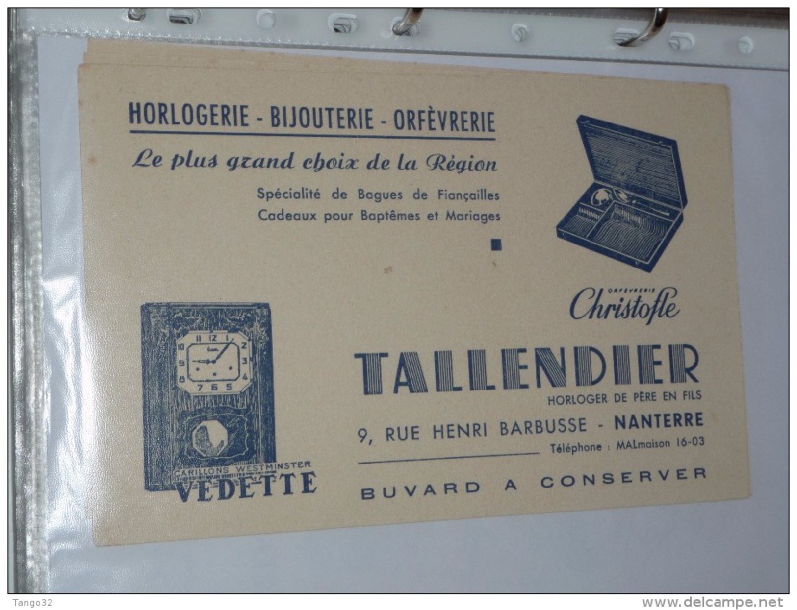 BUVARD Publicitaire   Horlogerie Bijouterie Orfevrerie Chritafle Tallendier 9 Rue H Barbusse  Nanterre - M