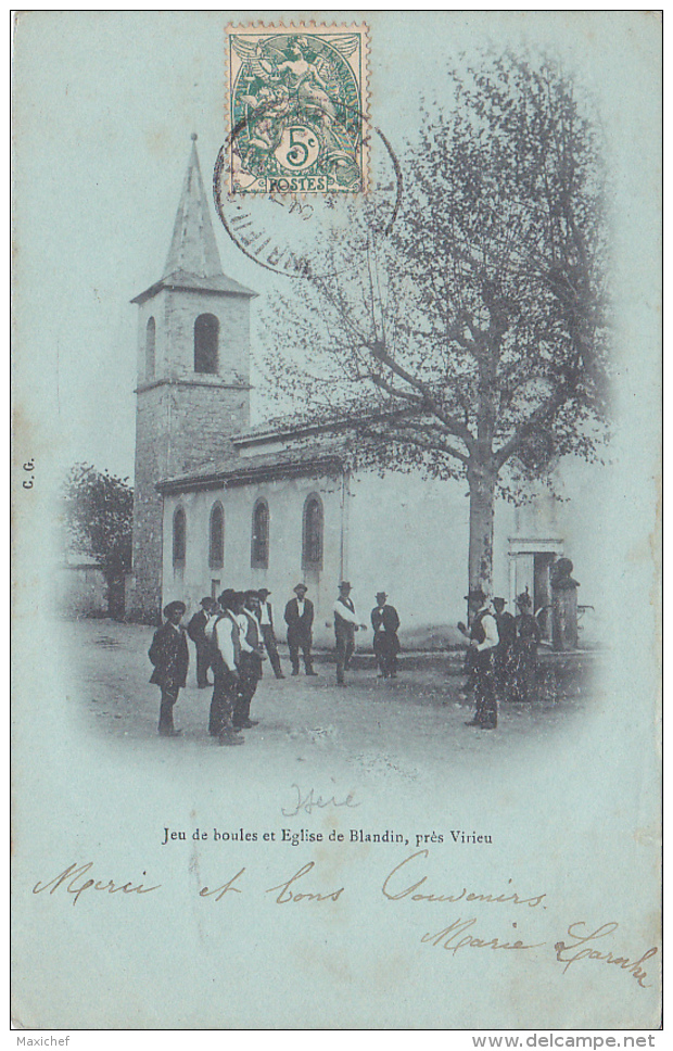 Jeu De Boules Et Eglise De Blandin, Près Virieu Sur Boubre - Eglise, Fontaine, La Boule Est Lancée - Date Illisble - Virieu