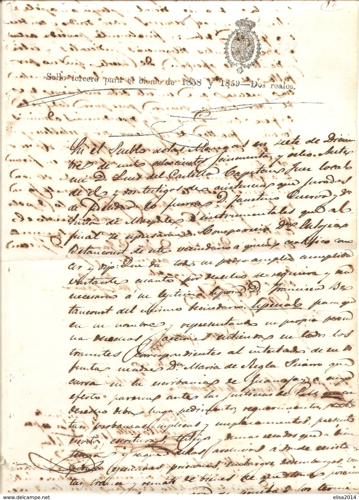 MANGAS SELLO TERCERO PARAET BIENO DE 1838 Y 1859 DOS REALOS LUIS DEL CASTILLO - Historische Dokumente