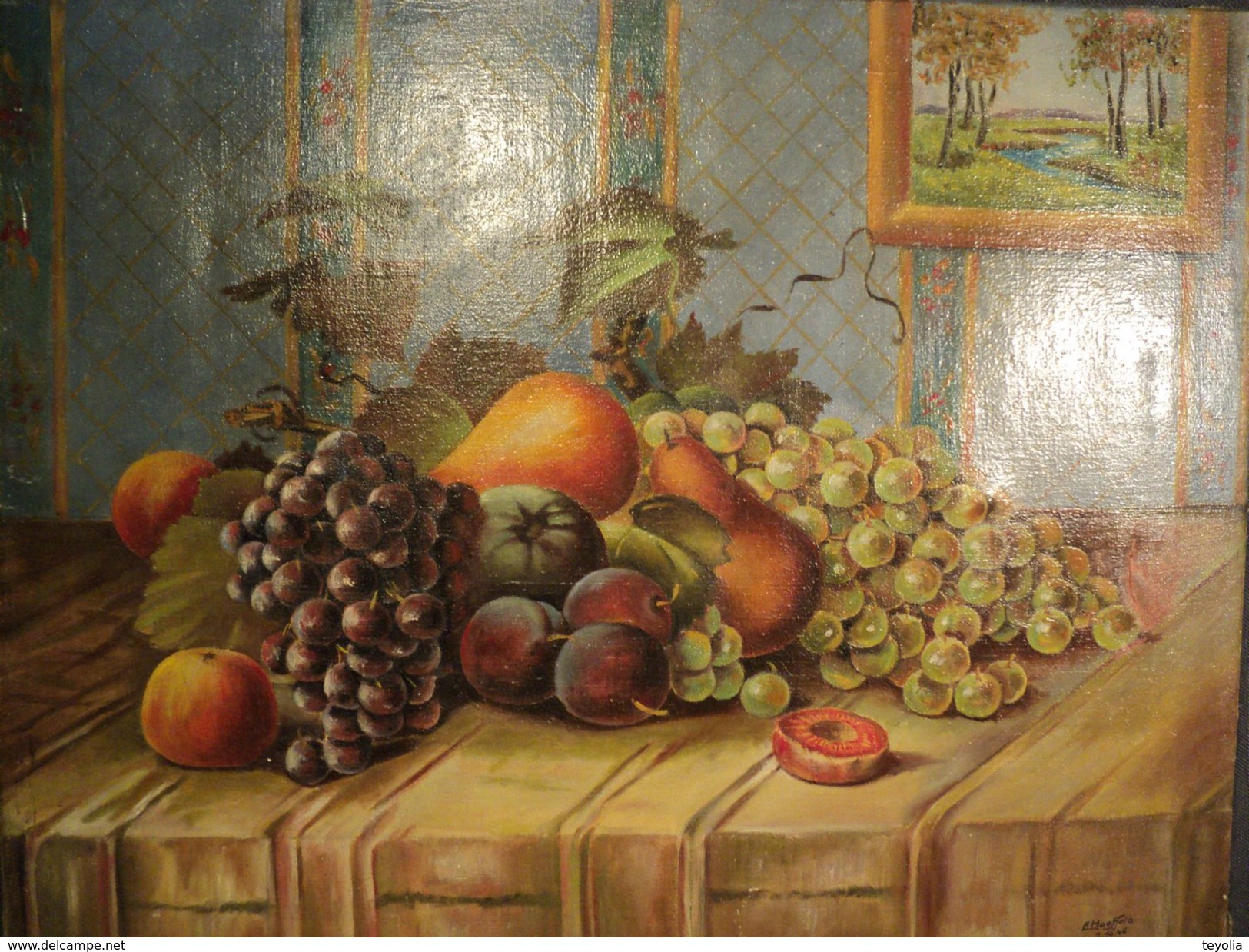 Tableau HST Nature Morte Aux Fruits Pommes Raisins Signée E. Haeffele 1946 - Huiles