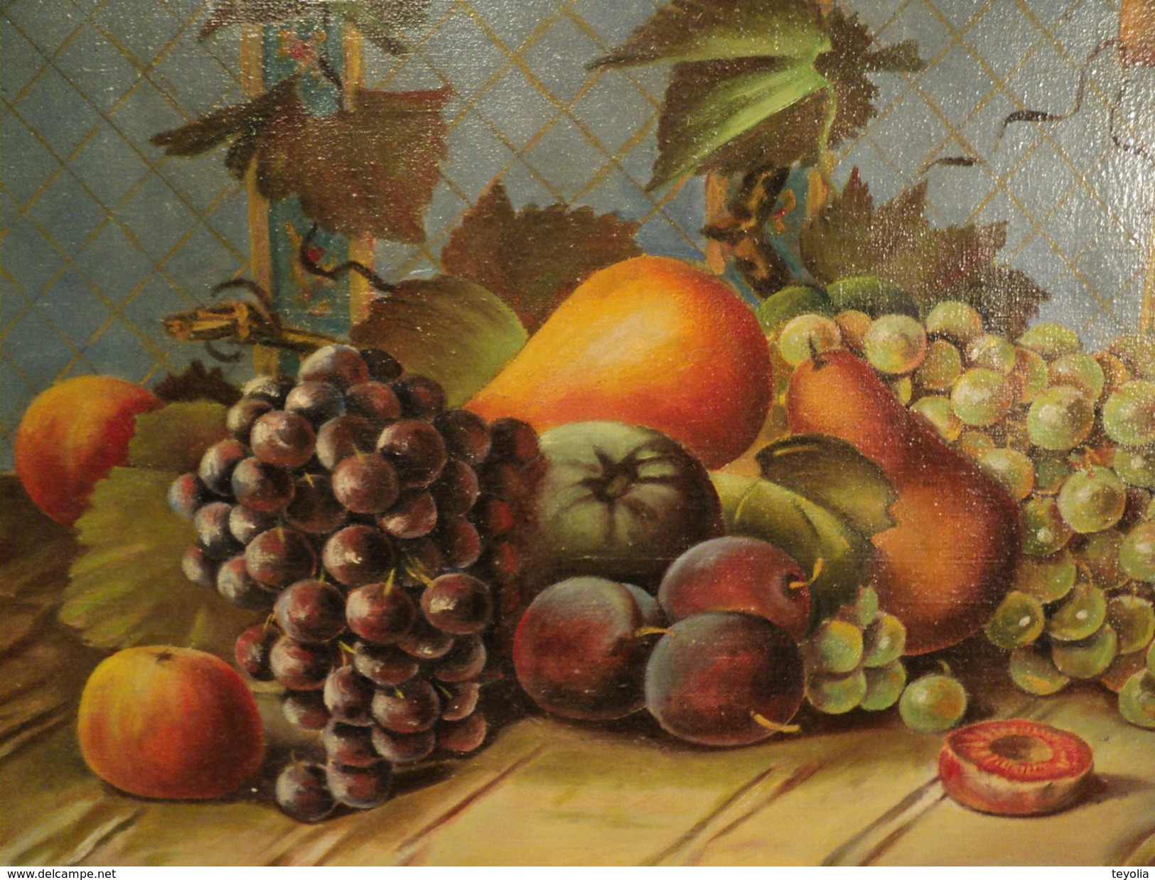 Tableau HST Nature Morte Aux Fruits Pommes Raisins Signée E. Haeffele 1946 - Huiles