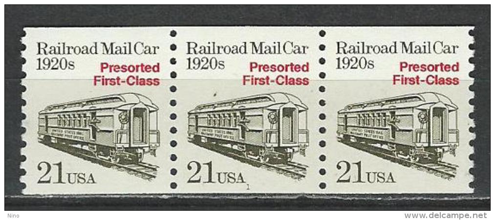 USA. Scott # 2265 MNH Coil Strip Of 3 Pl# 1. Transportation 1988 - Roulettes (Numéros De Planches)