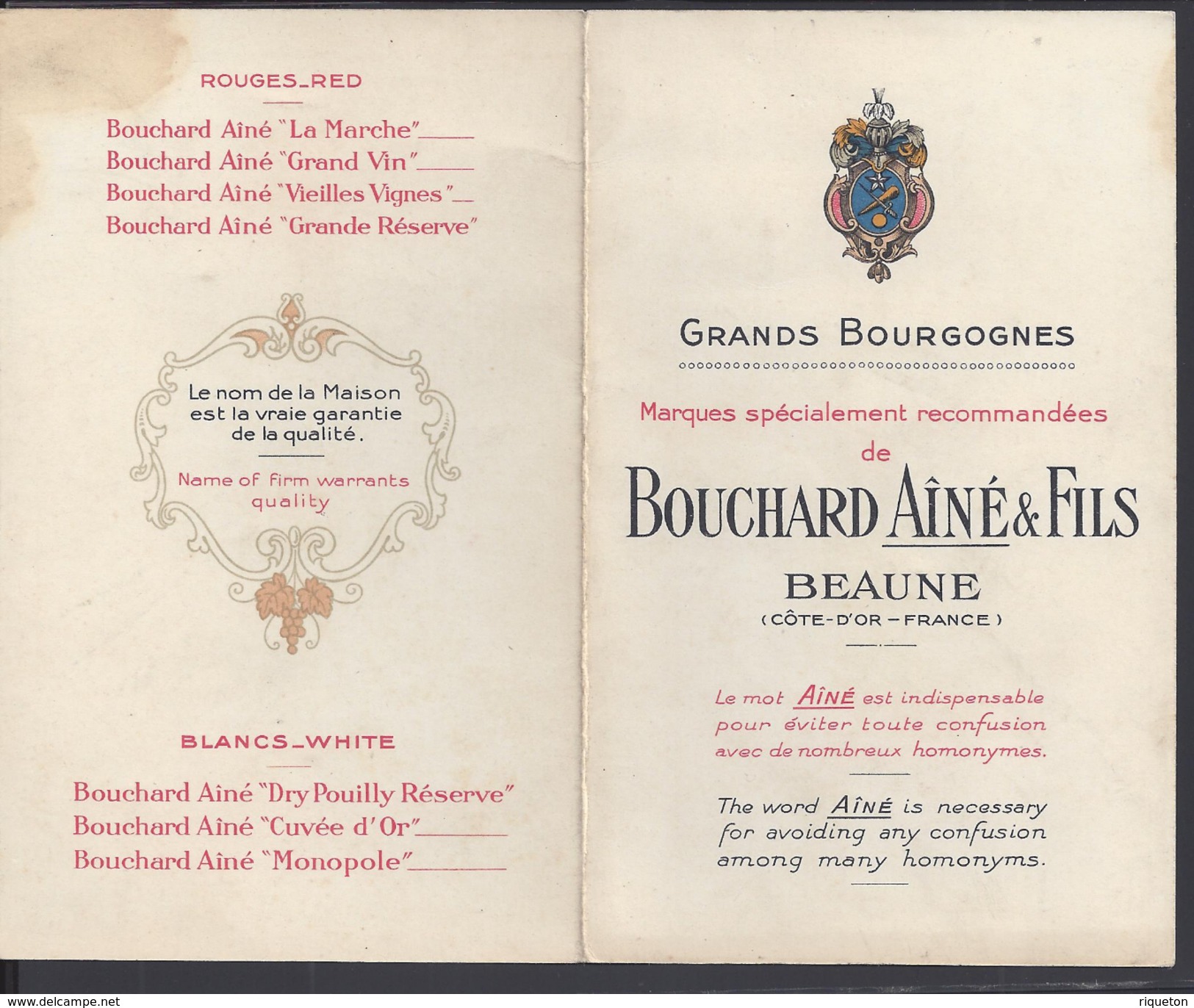 FR - " Bouchard Aîné & Fils Beaune " Carte Publicitaire Grands Bourgognes - - Werbung