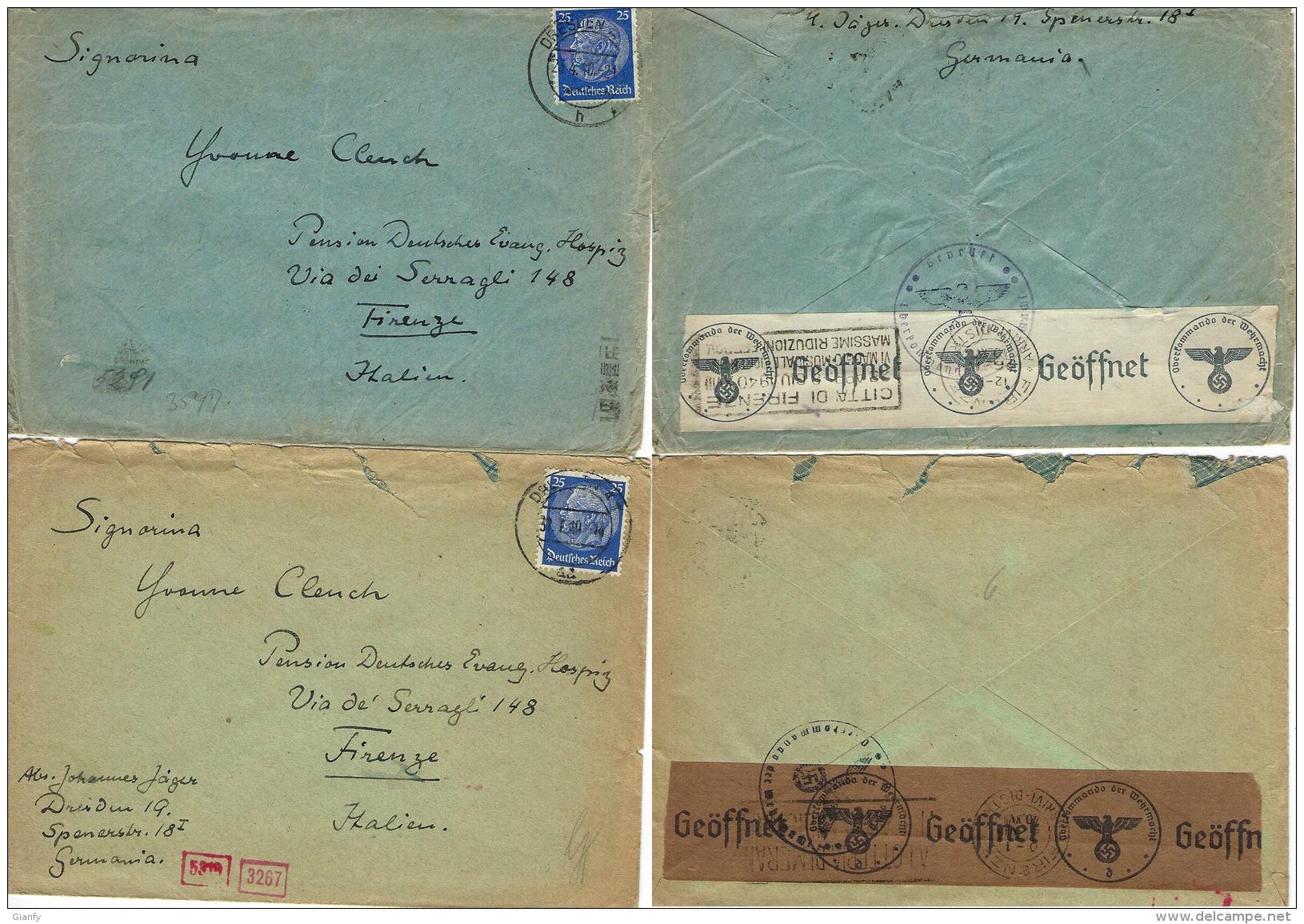 GERMANIA GERMANY DEUTSCHES REICH 2 COVERS 1940 DRESDEN To FIRENZE NAZI CENSOR - Briefe U. Dokumente