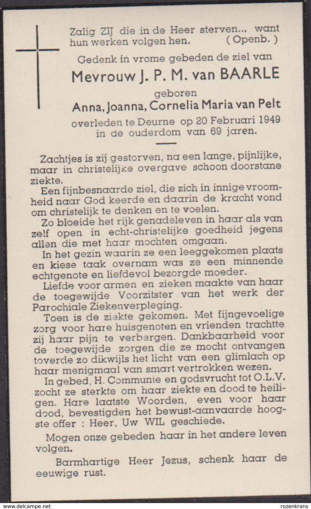 1880 1949 JPM Van Baarle Anna Van Pelt Deurne Doodsprentje Bidprentje Image Mortuaire - Images Religieuses
