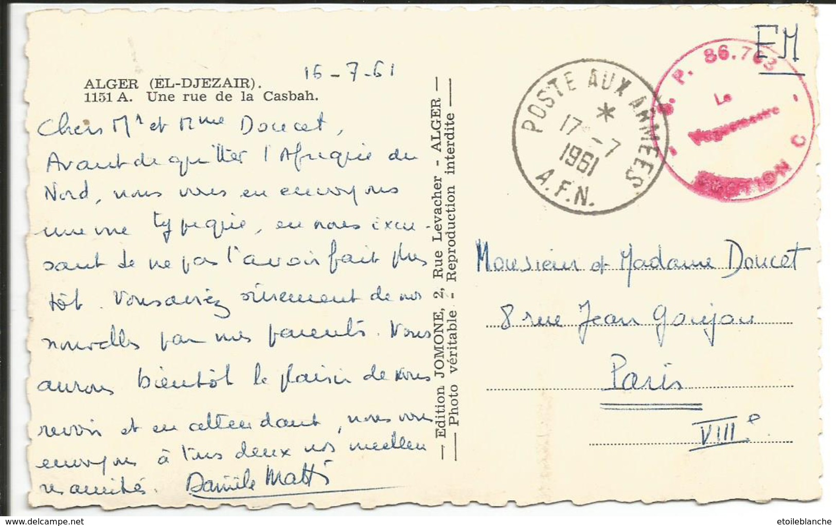 Franchise Militaire Poste Aux Armées 1961, A.F.N - Cachet Postal Rouge - Carte D'Alger - Photo Veritable - Oorlog In Algerije