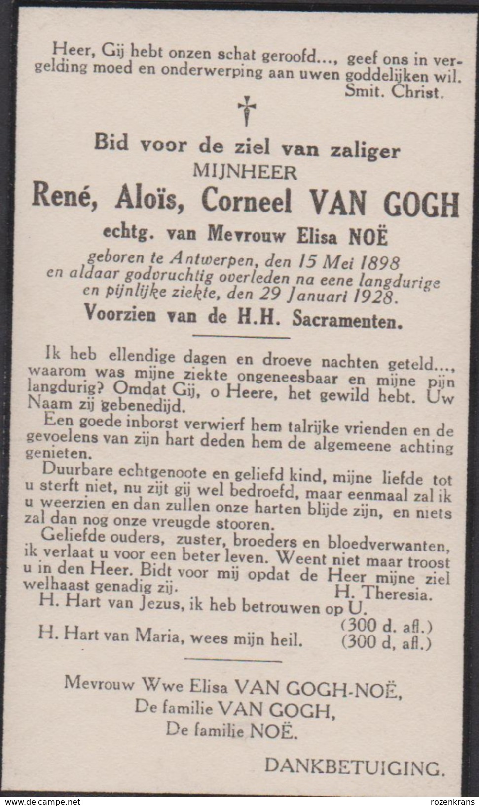 1898 1928 Rene Alois Corneel Van Gogh Elisa Noe Antwerpen Doodsprentje Image Mortuaire Bidprentje - Images Religieuses