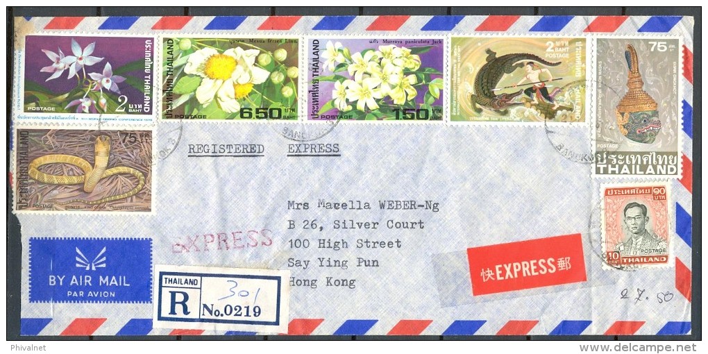 TAILANDIA , SOBRE CIRCULADO ENTRE BANGKOK Y HONG KONG , CORREO CERTIFICADO  EXPRESS - Tailandia