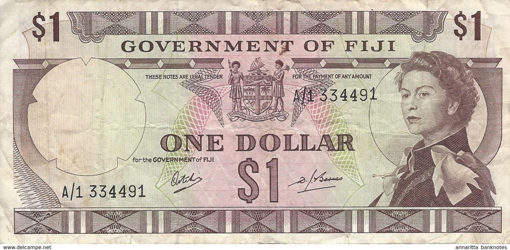 FIJI 1 DOLLAR ND (1969) P-59 VF S/N A/1 334491 [FJ336a] - Fiji