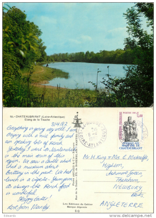 Etang De La Touche, Chateaubriant, Loire-Atlantique, France Postcard Posted 1982 Stamp - Châteaubriant