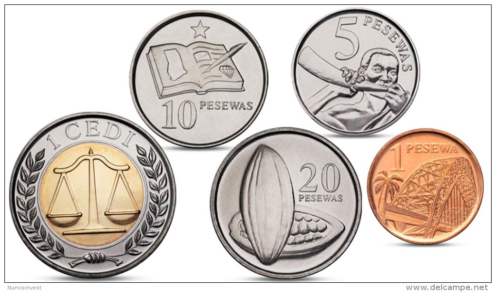 GHANA CURRENCY 5 COINS SET BIMETAL BI-METALLIC 2007 2012 UNC - Ghana