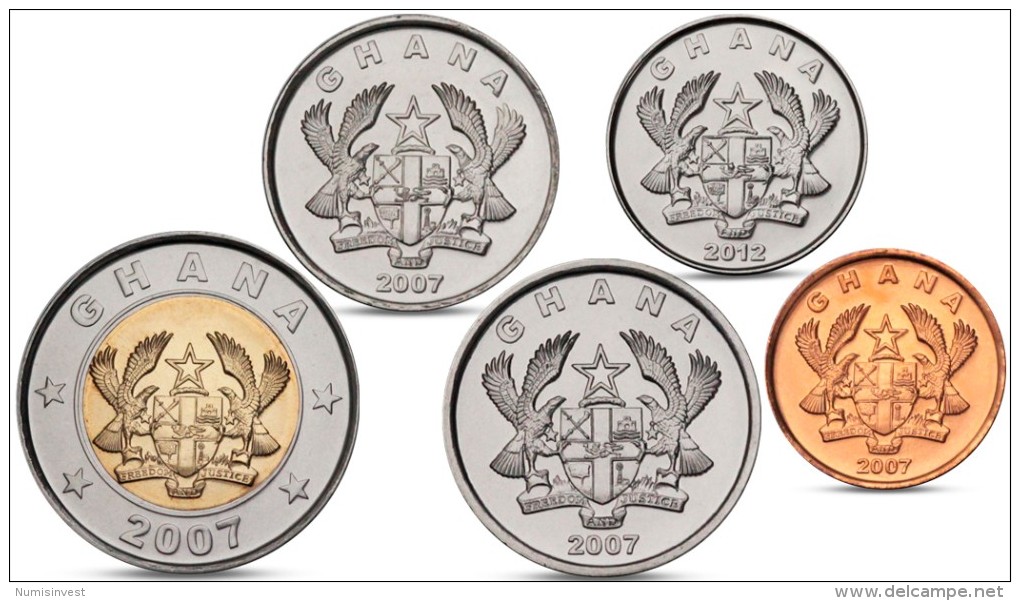 GHANA CURRENCY 5 COINS SET BIMETAL BI-METALLIC 2007 2012 UNC - Ghana