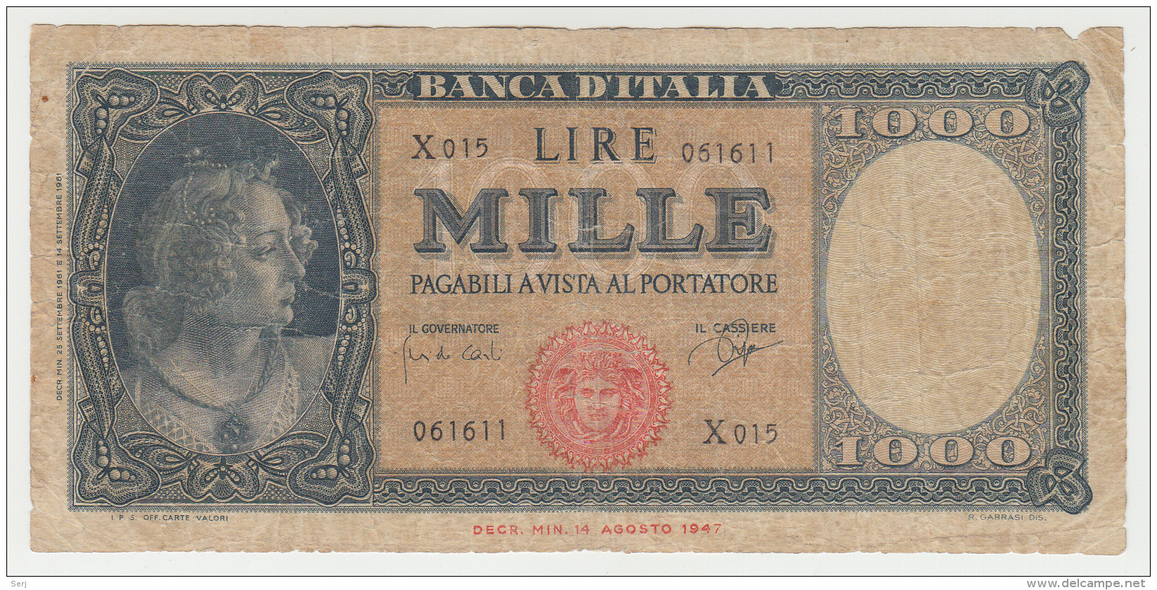 Italy 1000 Lire 1947 (1961) VG Pick 88d 88 D - 1000 Lire