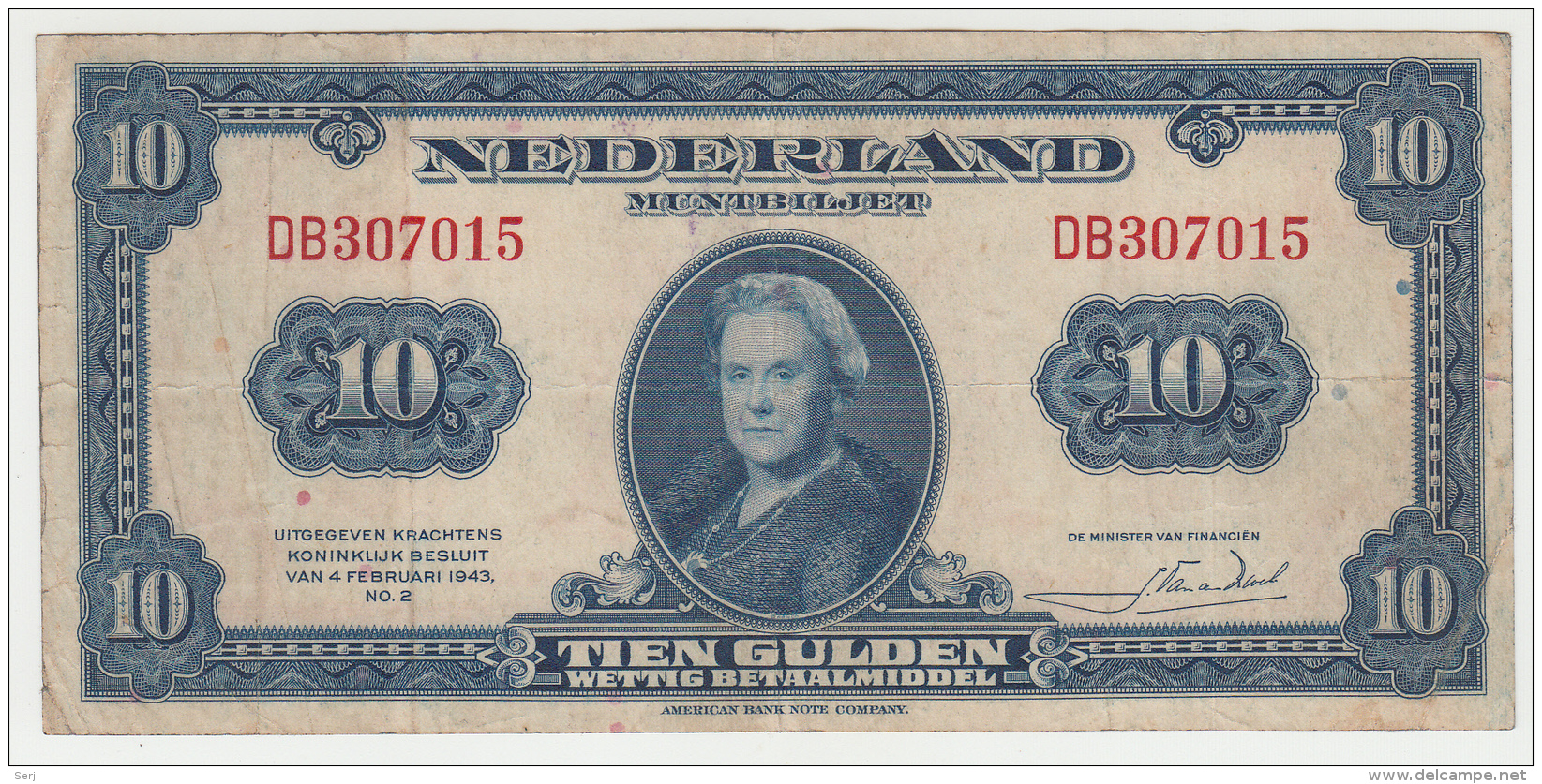 Netherlands 10 Gulden 1943 VF Pick 66 - 10 Gulden