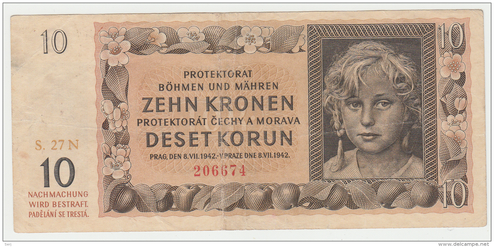 Bohemia &amp; Moravia 10 Korun 1942 VF+ CRISP Banknote WWII Pick 8 - Segunda Guerra Mundial