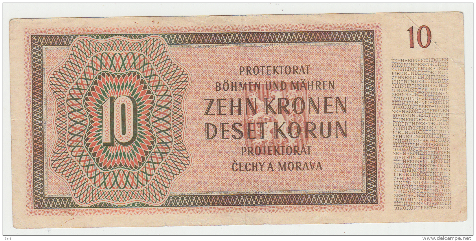 Bohemia &amp; Moravia 10 Korun 1942 VF+ CRISP Banknote WWII Pick 8 - 2° Guerra Mondiale