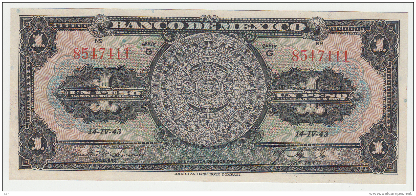 Mexico 1 Peso 1943 VF++ Pick 28e 28 E Series G - Mexico