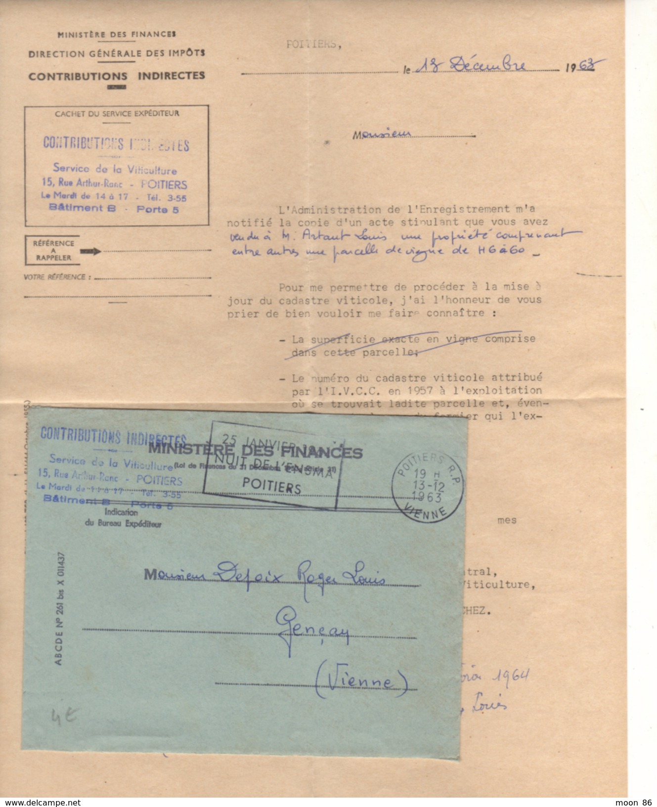 LETTRE DE CONTRIBUTIONS INDIRECTES  - FINANCES - SERVICE VITICULTURE POITIERS - 1963 ADRESSÉ A GENCAY - Lettres & Documents