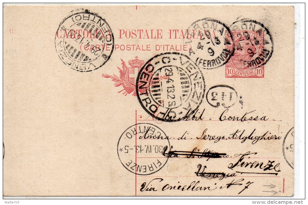 1913 Italy Italia Intero Leoni C10 Vg Verona X Venezia Rispedizione Firenze Annullo A Ciclo Continuo Stationery Card - Entiers Postaux