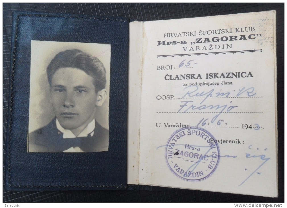 HRVATSKI SPORTSKI KLUB ZAGORAC, VARAZDIN, 1943, NDH  FRANJO RUPNIK, IDENTITY CARD   RRARE - Altri & Non Classificati