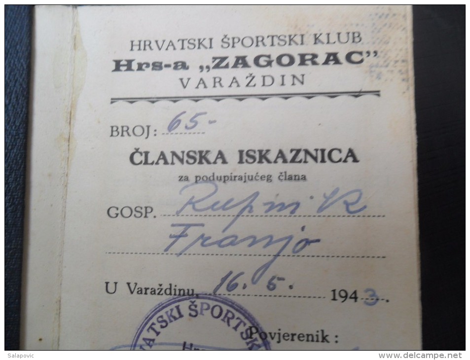 HRVATSKI SPORTSKI KLUB ZAGORAC, VARAZDIN, 1943, NDH  FRANJO RUPNIK, IDENTITY CARD   RRARE - Autres & Non Classés