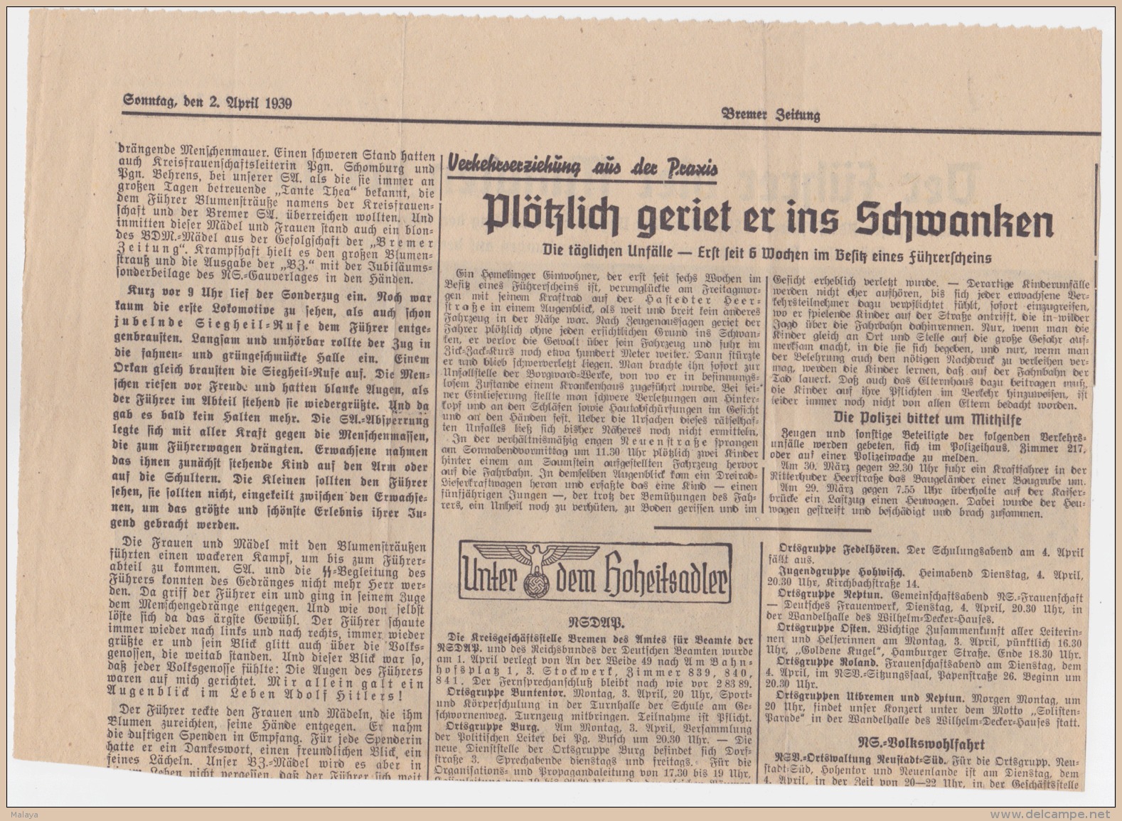 Newspapers Deutschland (Germany) Reich 2 April 1939 Photo Hitler Nazi - Other & Unclassified