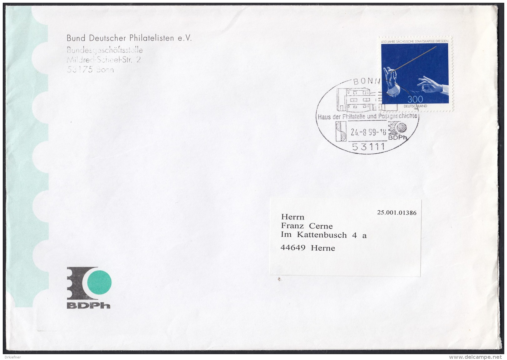 BRD 2025 EF Auf Brief Mit Sonderstempel: Bonn Haus Der Philatelie Und Postgeschichte 24.8.1999, Sächs. Staatskapelle - Briefe U. Dokumente