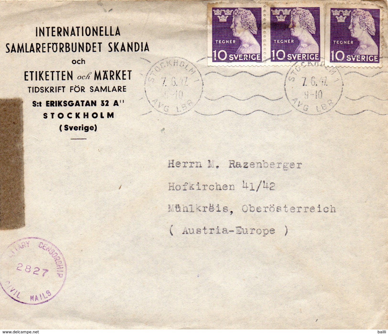 Suède Lettre Censurée Pour L'Autriche 1947 - 1930- ... Coil Stamps II