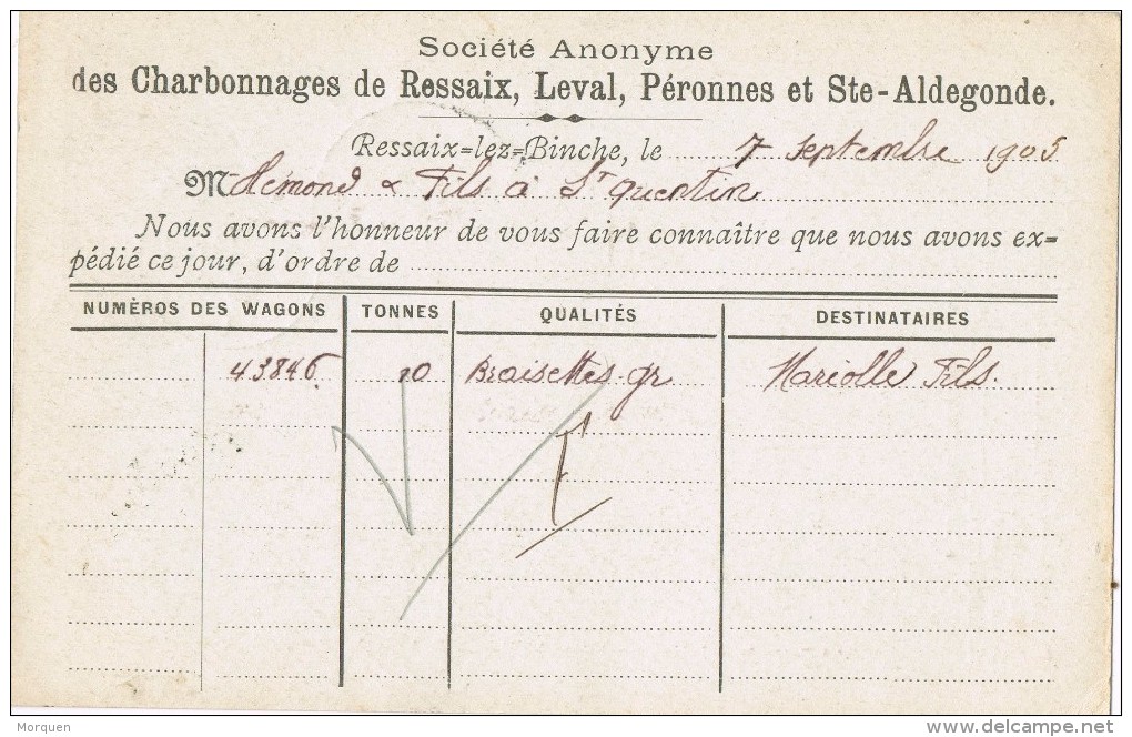 20298. Entero Postal Privat BINCHE (Belgien) 1905. Charbonnages Ressaix - Postcards 1909-1934