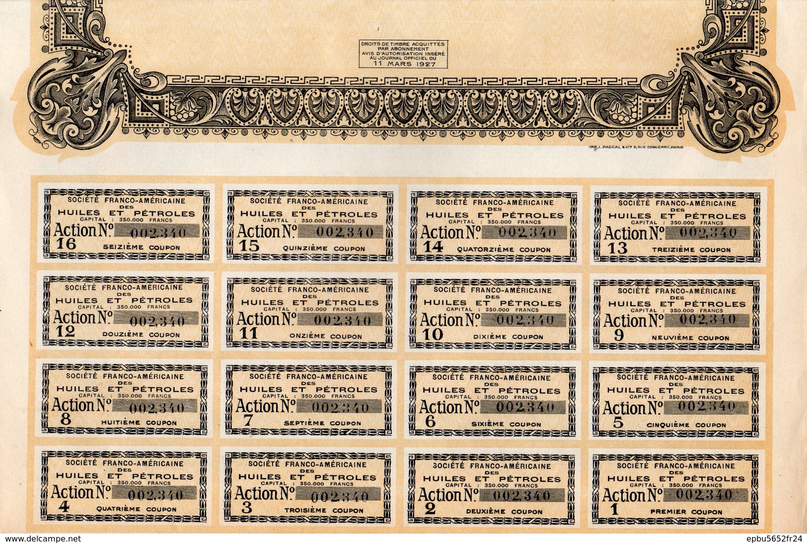 Action De 100 Francs Sté Franco-Américaine Des Huiles & Pétroles 1924  - 16 Coupons - N° 002.340 - Pétrole