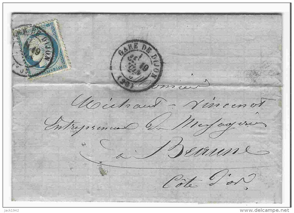 1875 - Lettre Affr. 25c Cérès Oblit. Cachet Type 17 Gare De Dijon 20 - 1849-1876: Classic Period