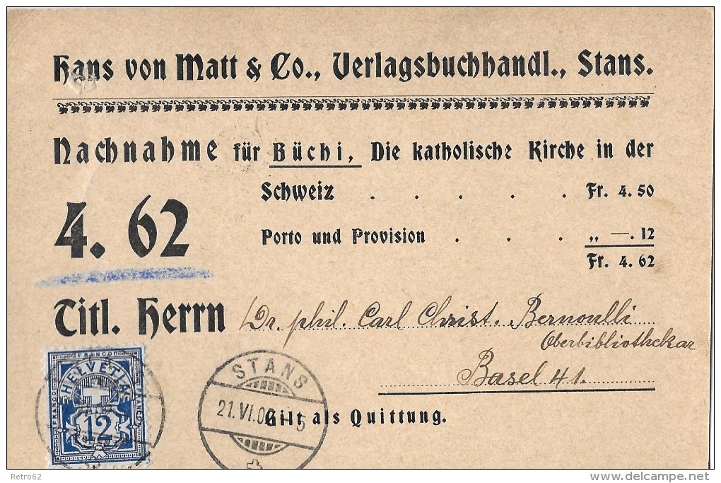 NACHNAHME &#8594; Hans Von Matt & Co. Verlagshandel Stans  &#9658;nach Basel 23.06.1902&#9668; - Stamped Stationery