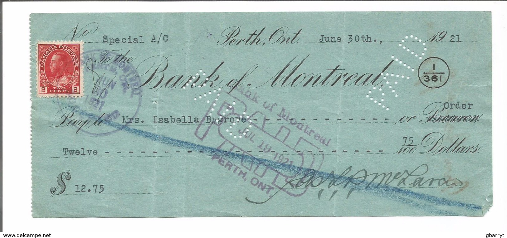 Bank Of Montreal Perth Ontario Cheque June 30, 1921 - Cheques & Traverler's Cheques