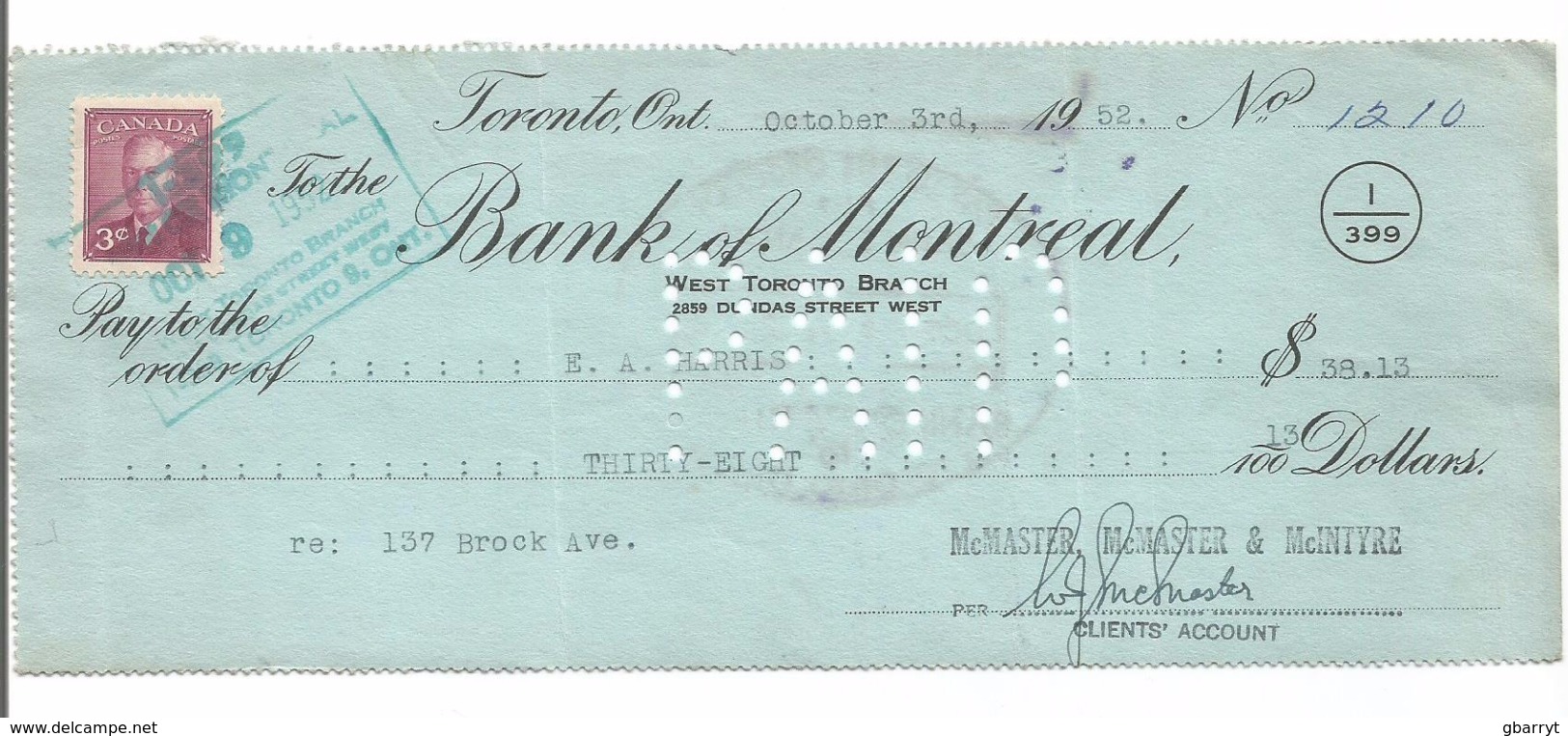 Bank Of Montreal Toronto Ontario October 3, 1952 - Chèques & Chèques De Voyage